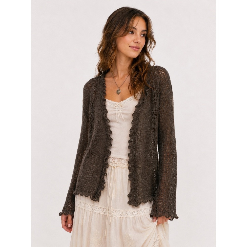Ruffle Open Knit Brown Cardigan Medium Romantic Fairy Earthy Boho Ethereal